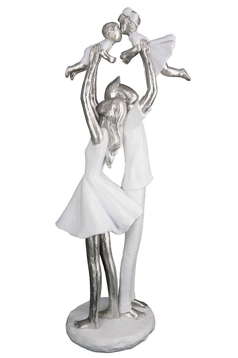 Family Time - Poly Sculpture of a Couple with Two Children in White and Silver