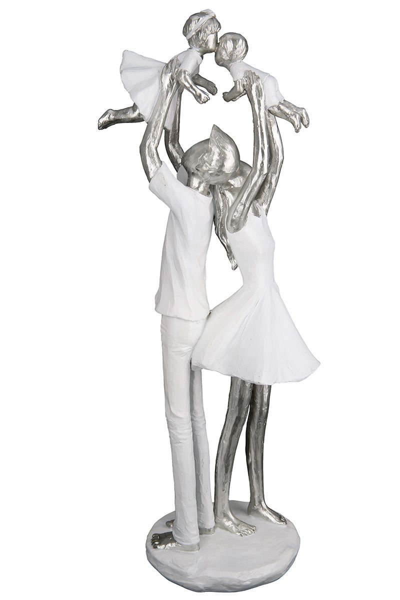 Family Time - Poly Sculpture of a Couple with Two Children in White and Silver