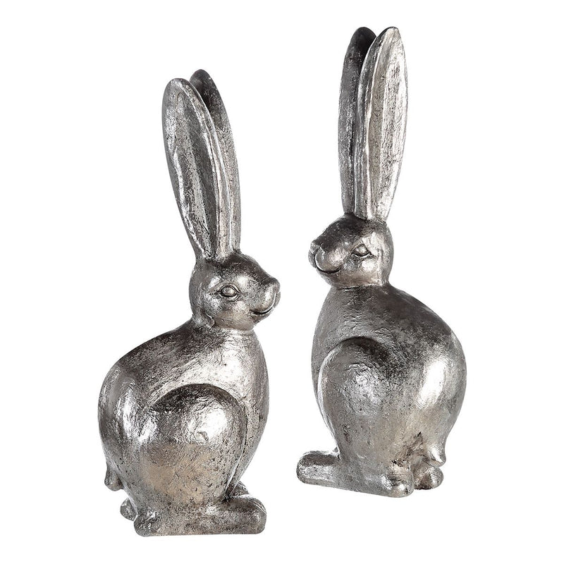 Set of 2 Magnesia figurines "Rabbit", silver-colored with antique finish, outdoor Easter decoration, 50 cm height