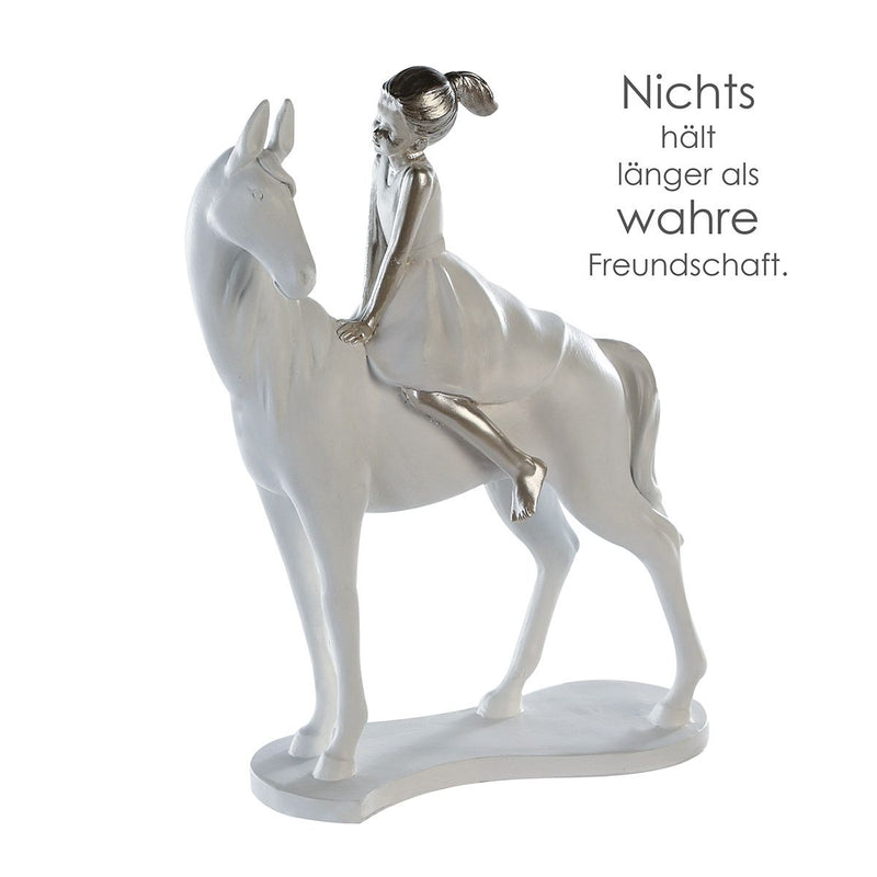 Girl on Horse Poly Sculpture in White and Silver - Elegant decoration for home and office