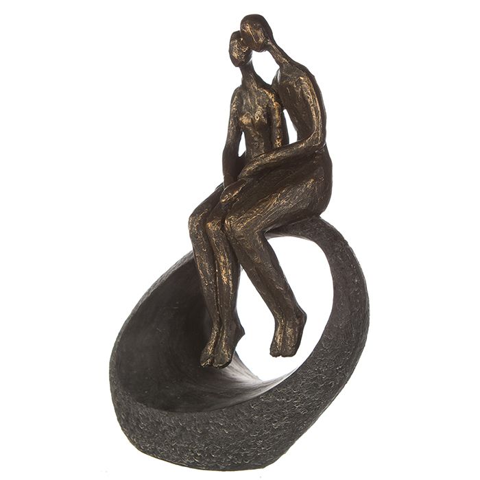 Poly Skulptur Moment in Bronzefarben - Ein symbolträchtiges Pärchen auf grauer ovaler Basis