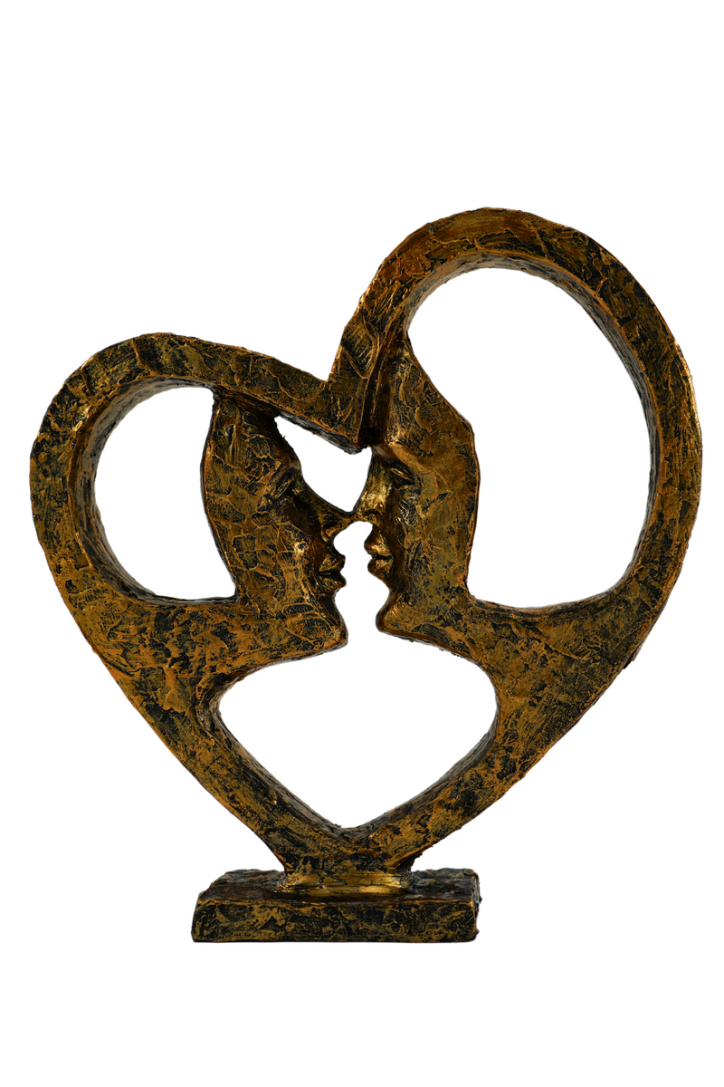 Two souls, one heart loving faces sculpture in gold