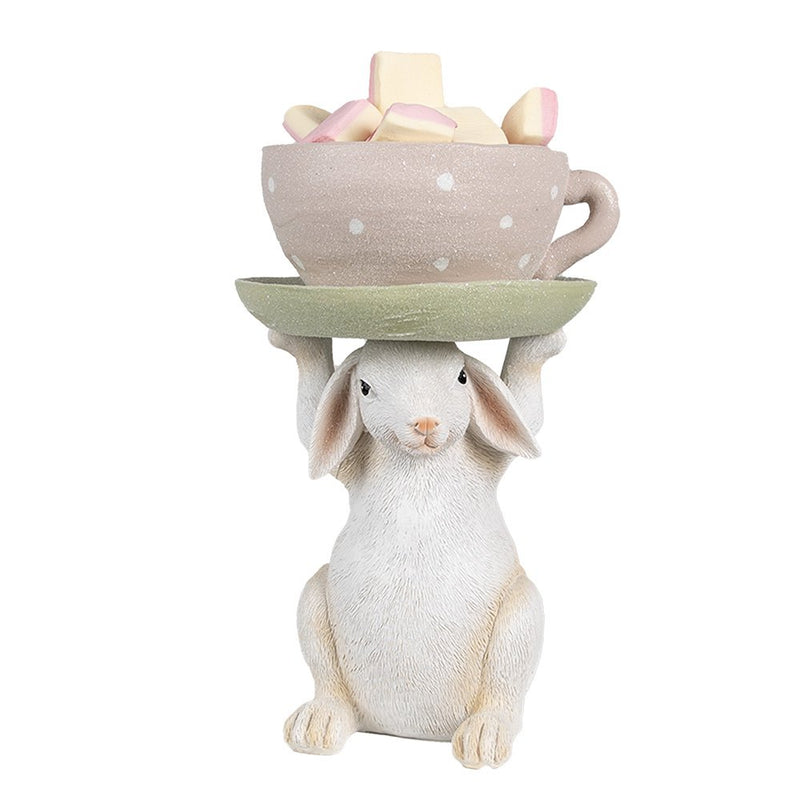 Skulptur Hase mit Kaffebecher Beige Pink