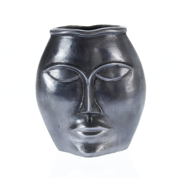 Aluminium vase with wide face, 25 x 15 x 27cm, antique silver