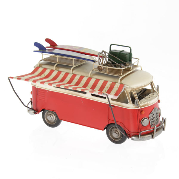 Metal Bulli with awning, 27 x 11 x 17cm, red - Decorative model car for collectors and enthusiasts