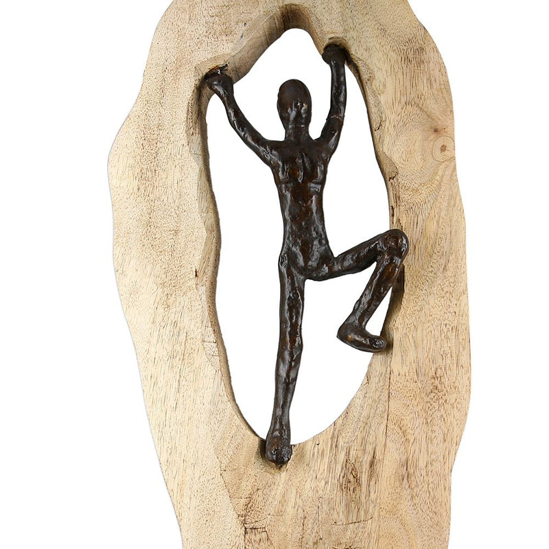 Handmade aluminum/wood sculpture "Mountainclimber", mango wood and bronze, 64 cm high