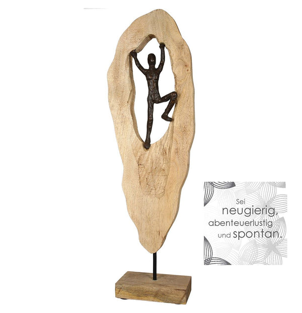 Handgemaakt aluminium/houten sculptuur "Mountainclimber", mangohout en brons, 64 cm hoog