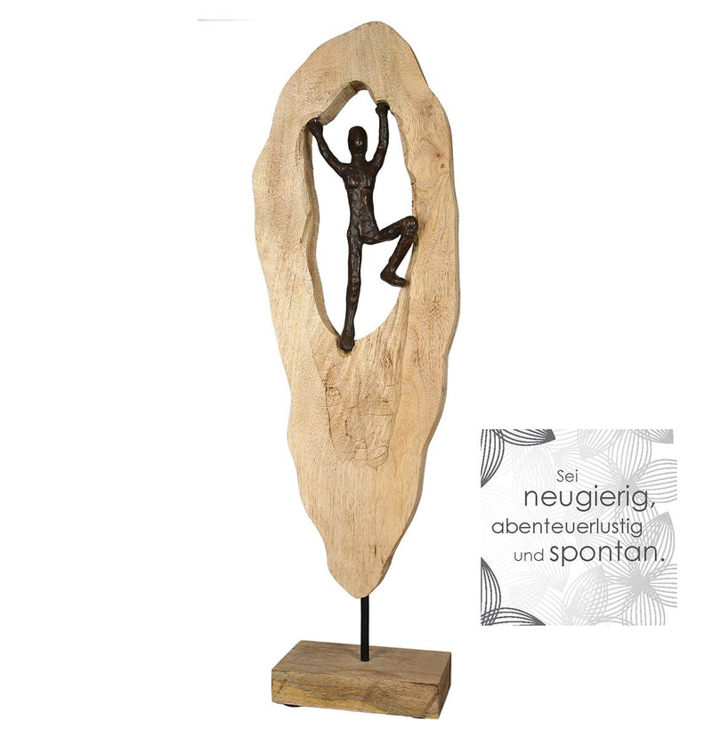 Handgemaakt aluminium/houten sculptuur "Mountainclimber", mangohout en brons, 64 cm hoog