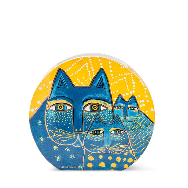 Decorative ceramic vase "Fantastic Felines" in blue, yellow and white