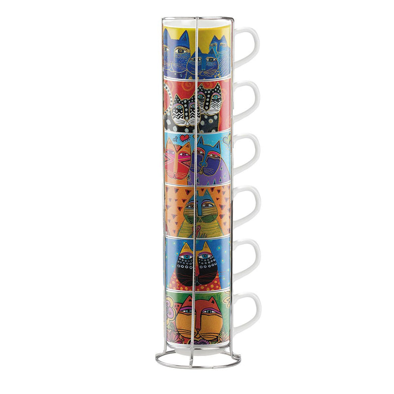6er Set "Fantastic Felines" Espressotassen mit Metall-Tassenstapler – Mehrfarbiges Porzellan