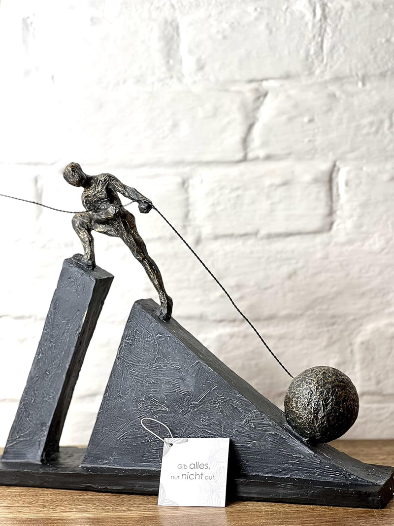 Inspirational guild sculpture "Don't give up" in bronze color with gray stone and saying pendant