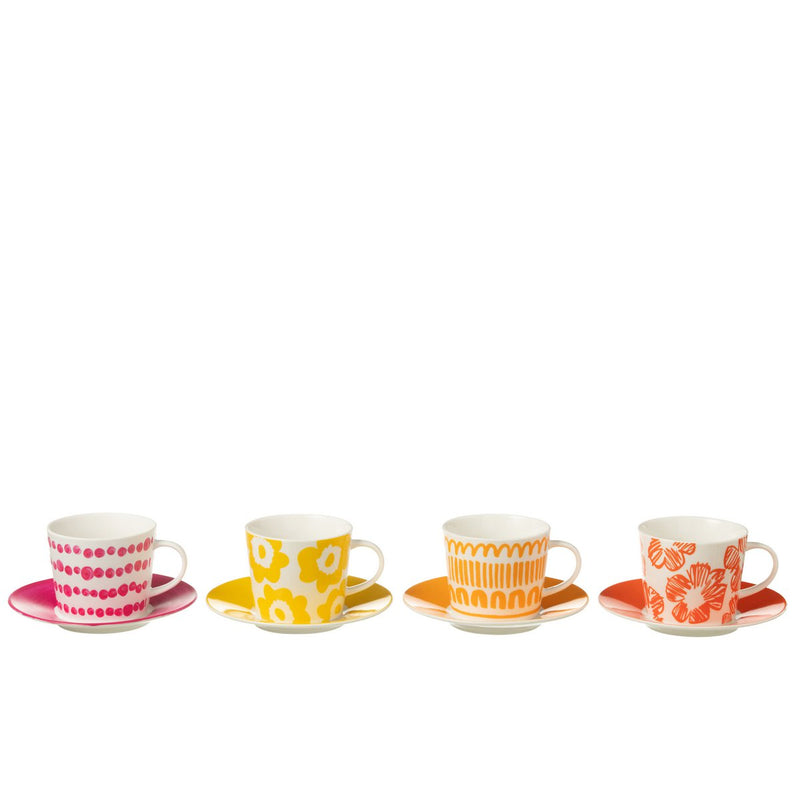 Set of 4 cups and saucers - Colorful ceramic design in gift box
