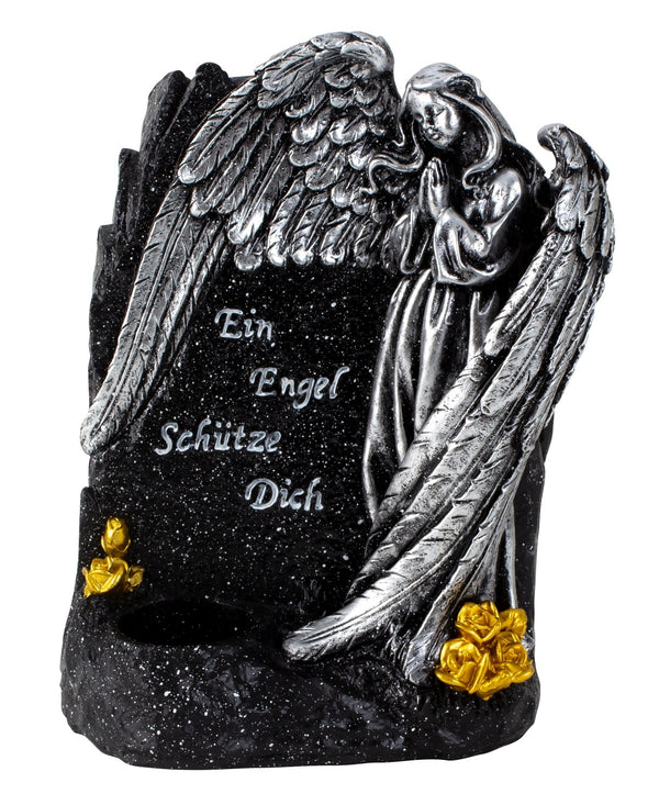 Grabengel Gedenkstein mit Spruch und Kerzenhalter schwarz silber gold 21 cm