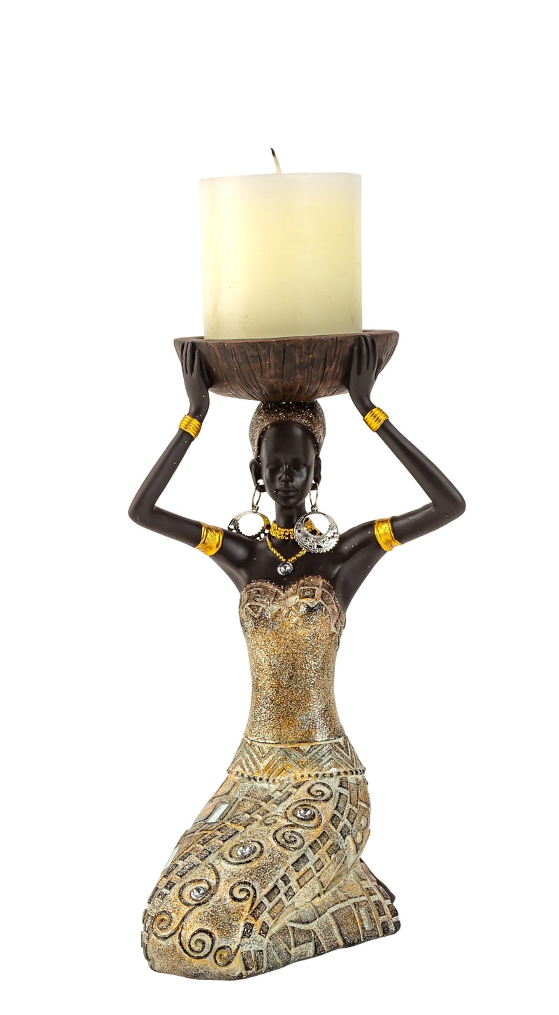 Skulptur Nyala Afrikanische Frau mit Kerzenhalter Gold 22 cm