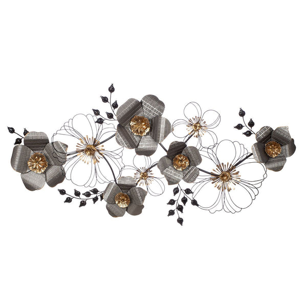 Metal XXL wall relief 'Blossom' in anthracite, gold &amp; black – elegant flower composition