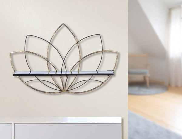 Lotus metal wall shelf in black with suspension