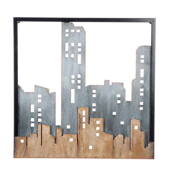 Wall Relief City Skyline Metal Blue Brown 50x50 cm