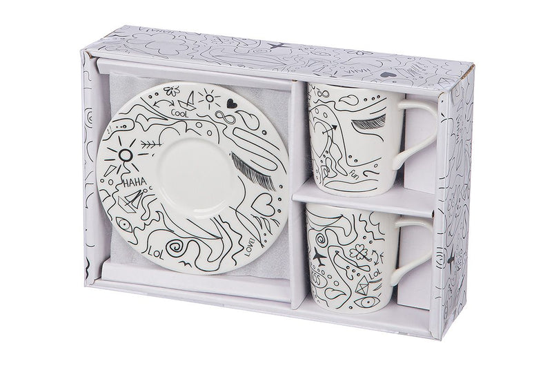 Espresso Set 'Modern Art' mit Einliniendesign aus Knochenporzellan – 2 Tassen mit Untertassen