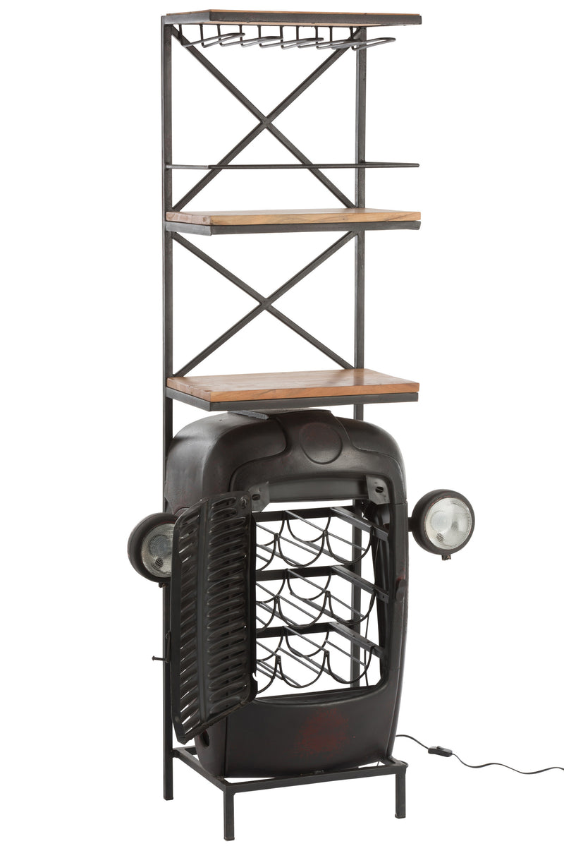 Rustic handcrafted black and natural colored metal and wood tractor wine rack