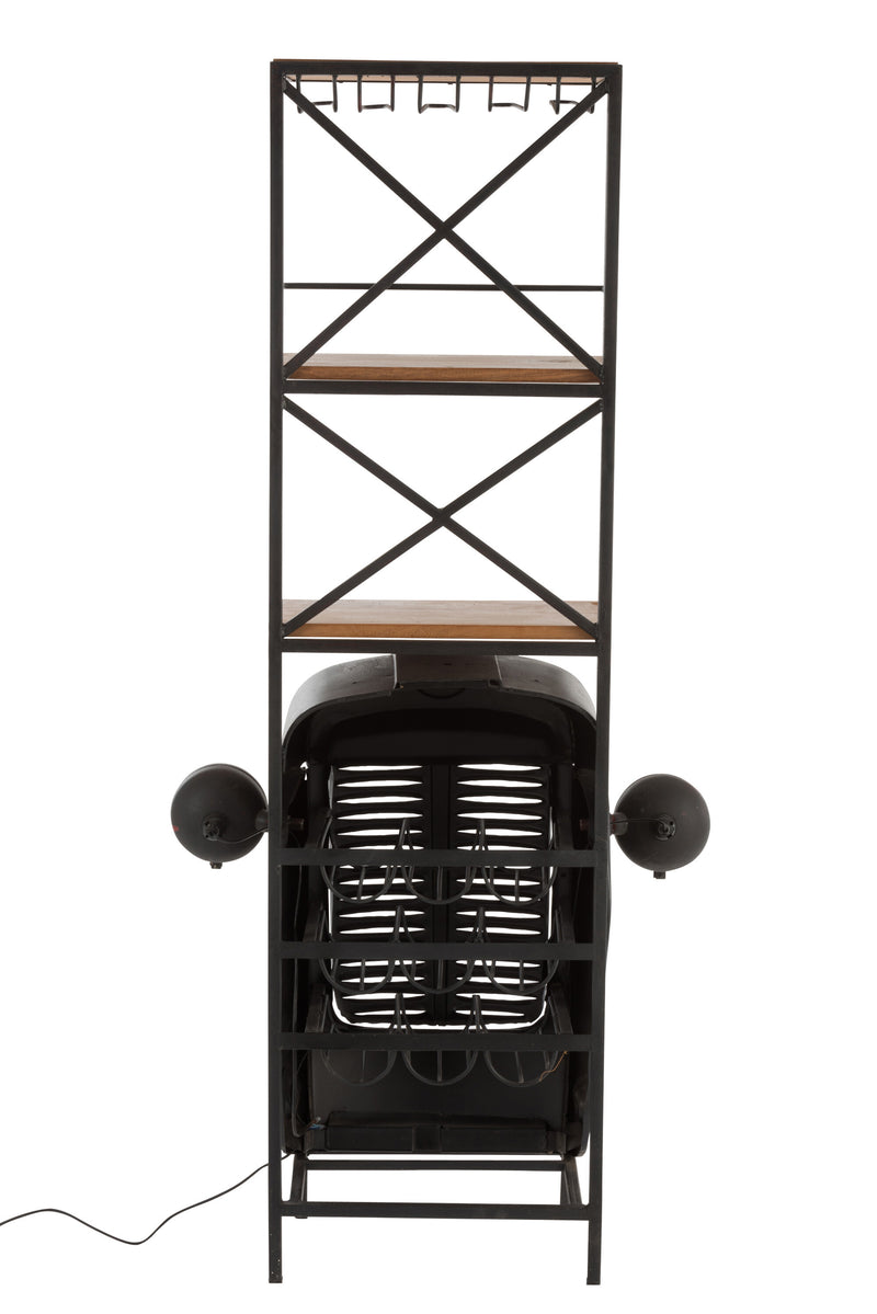 Rustic handcrafted black and natural colored metal and wood tractor wine rack