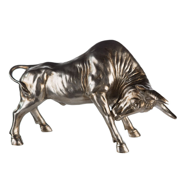 Imposing XXL poly sculpture of a bull in stylish silver