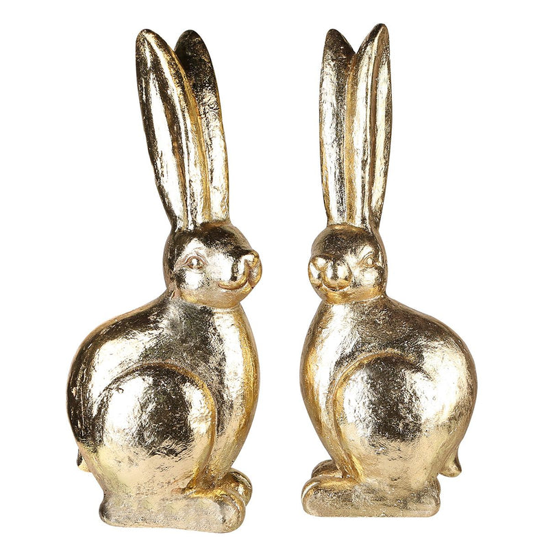 Set of 2 magnesia figurines "Rabbit", gold-colored with antique finish, outdoor Easter decoration, 50 cm height