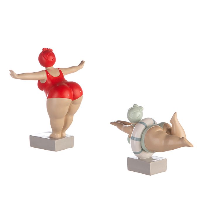 Exklusives 2er Set Poly-Figur Tante Elli in Rot & Mint mit Rettungsring - Dekorative Badedamen