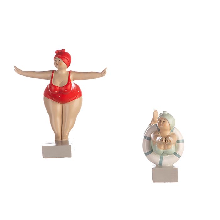 Exklusives 2er Set Poly-Figur Tante Elli in Rot & Mint mit Rettungsring - Dekorative Badedamen