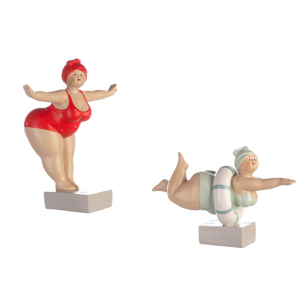 Exclusieve set van 2 polyfiguren tante Elli in rood en mint met reddingsboei - decoratieve baddames