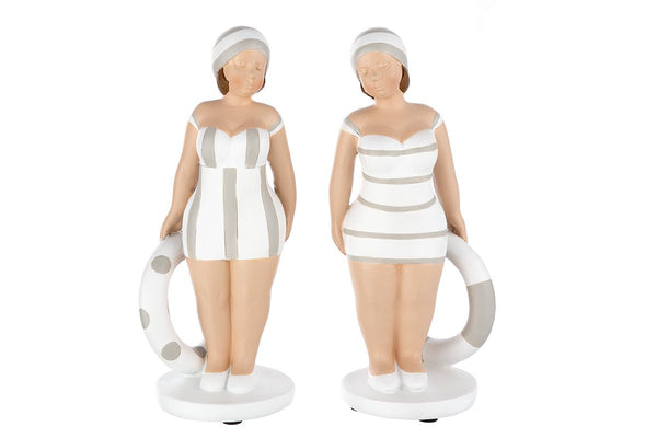 Elegante set van 2 polyfiguren 'Becky' in grijs/wit - unieke tafeldecoratie in badpak-look