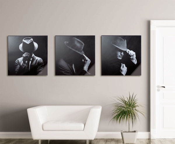 Set of 3 acrylic/aluminium pictures 'Gentleman' - black/grey with a high-quality aluminum frame