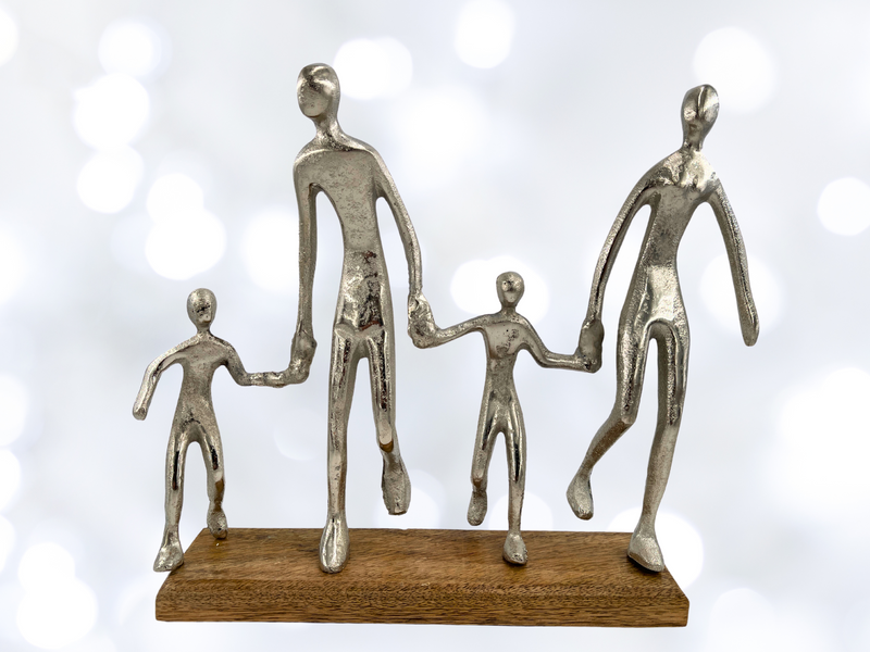 Harmonious family sculpture in silver on wooden base width 38cm