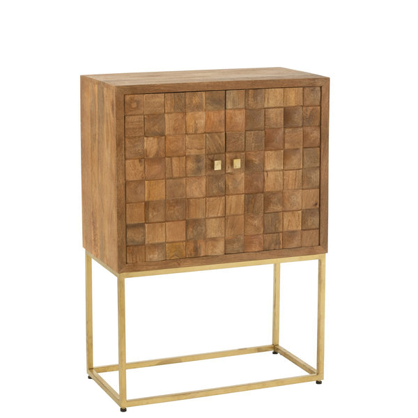 Stylish Nino cabinet on stand made of metal and mango wood in natural and gold