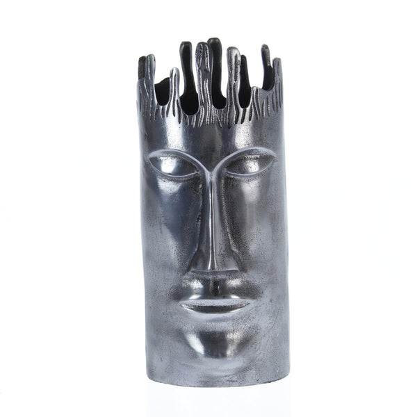 Aluminium-Vase mit Gesicht hoch, 17 x 17 x 37,5cm, antiksilber