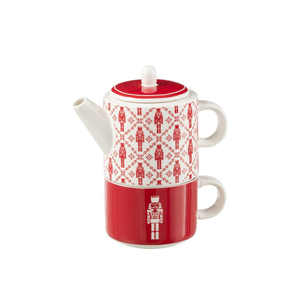 Teekanne mit Tasse im Nussknacker Design 780 ml Keramik Rot