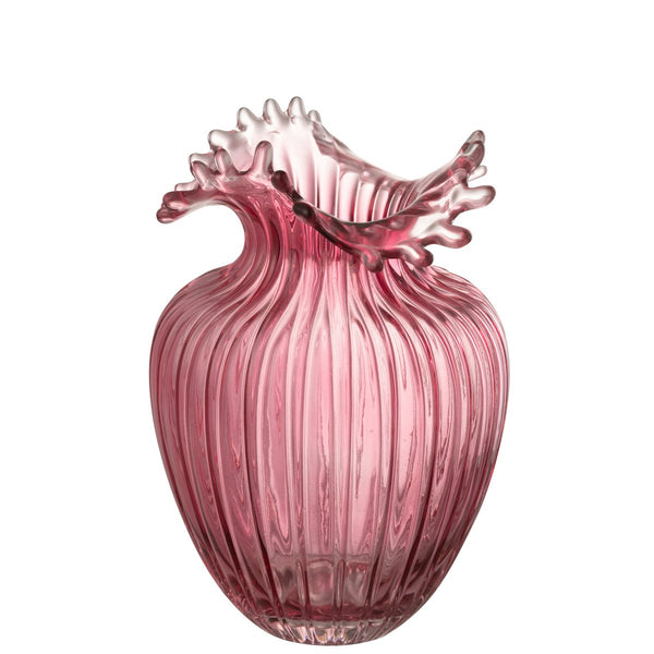 Glass vase with flower rim and lines – dark pink, 29 cm