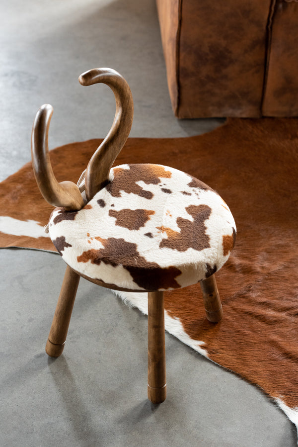 Unique stool with cowhide and wooden horns – 58 cm height