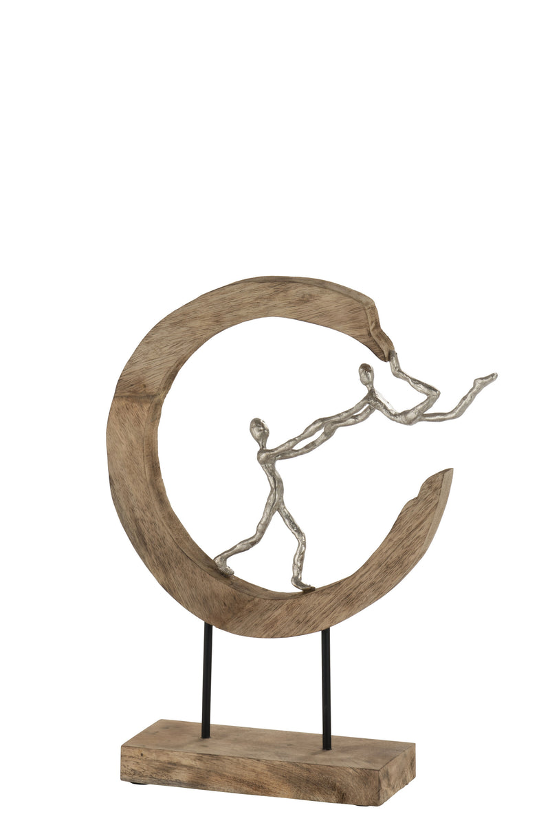 Set of 2 figures - romantic couple under the crescent moon made of mango tree and aluminum in natural and silver design
