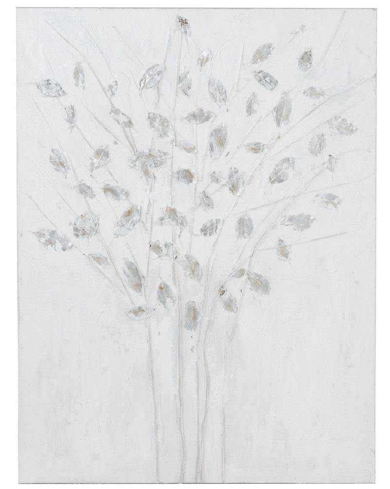 Hand-painted branches canvas picture on wood in white/silver - natural wall decoration for stylish interiors