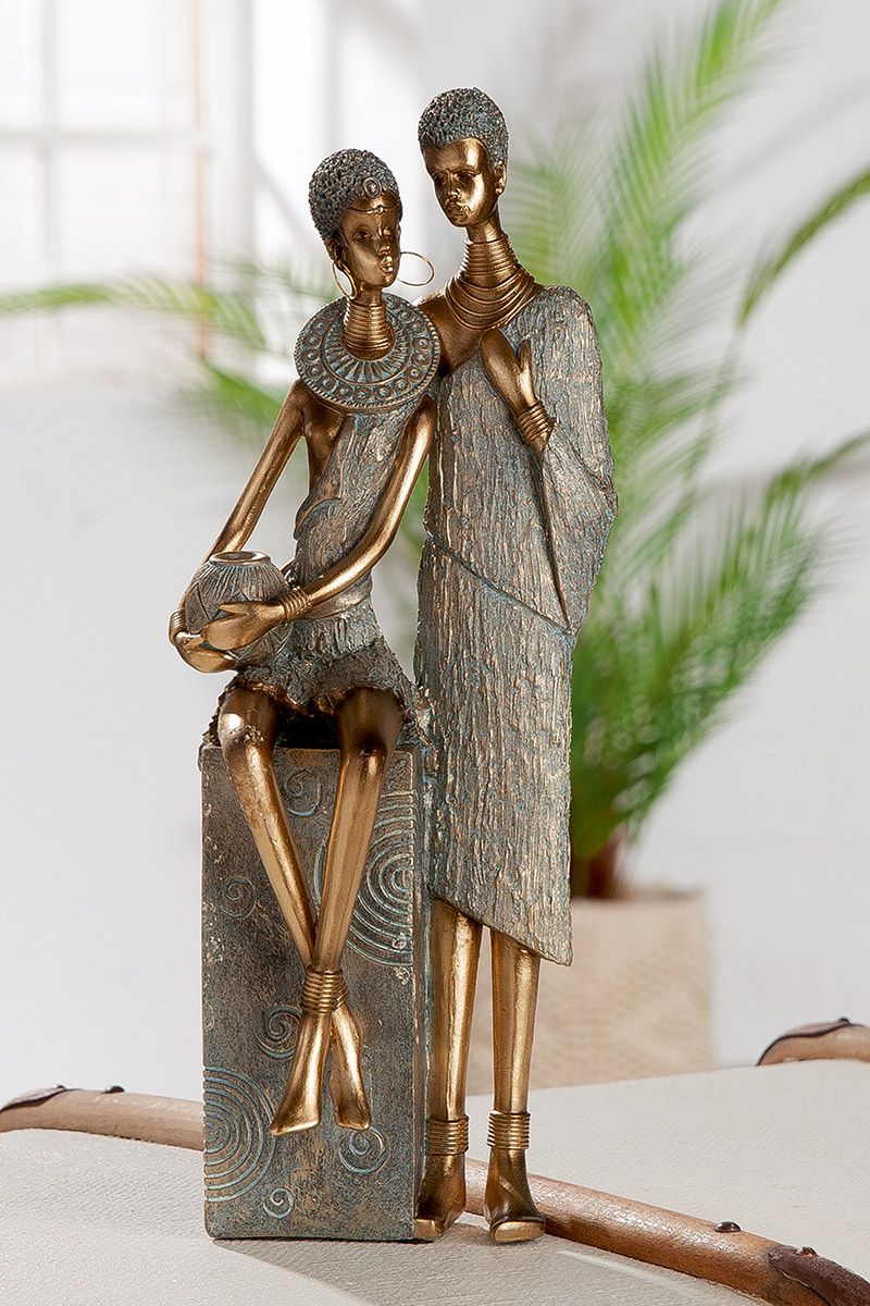 2-part set of figures 'Jamila &amp; Jamal' - Elegant pair of seated figures in gold and grey