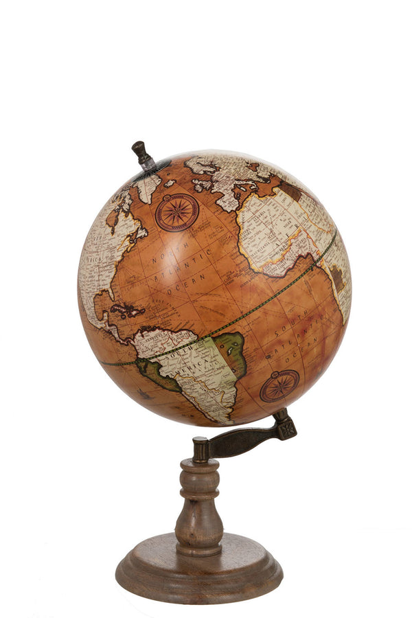 Large world globe on a wooden base - vintage design in rust/natural globe