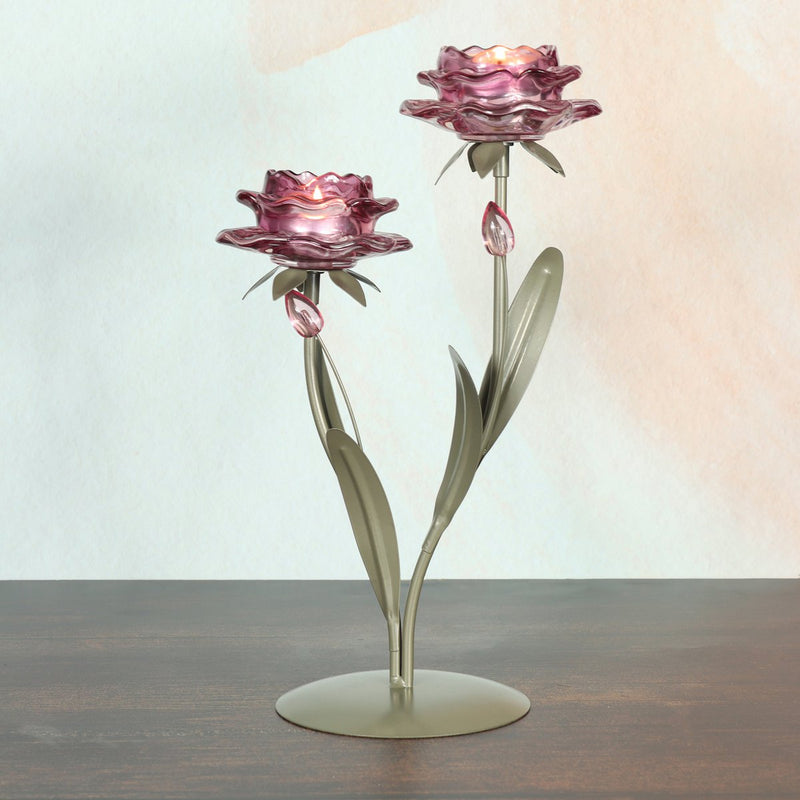 Dekorativer Glas-Teelichthalter Blume für zwei Teelichte, 19 x 12,5 x 32,5 cm, violett - Für stimmungsvolle Akzente