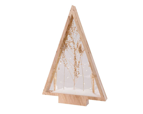 Wooden stand relief with 50 LEDs - handmade dried flower/snow tree shape, natural colors, with timer function | 40x5x58cm