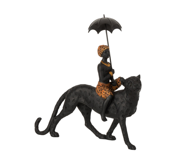 Decorative sculpture 'Leopard with cub and umbrella' in black and brown – 35 cm high