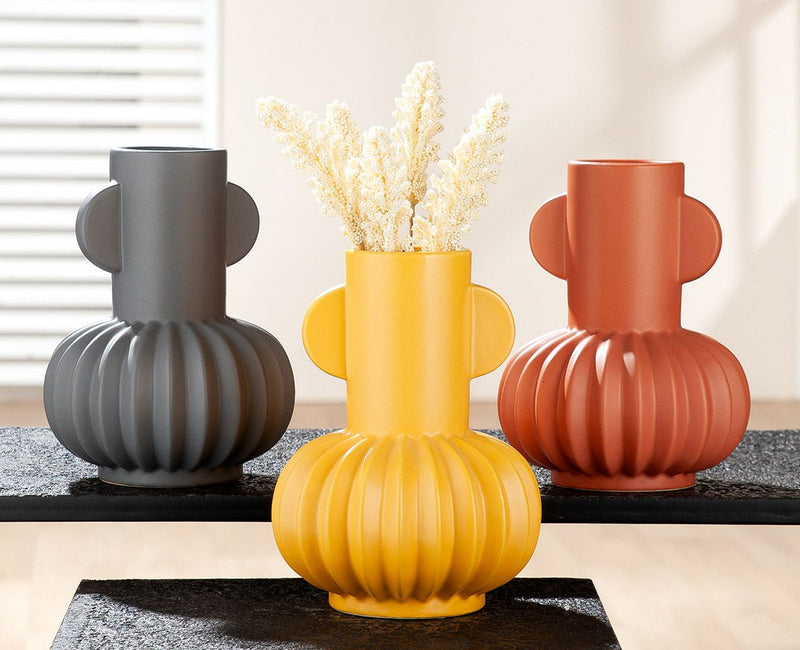 Ceramic vases 'Futurama' - assorted set of 3 in grey, yellow and terracotta, 20 cm high