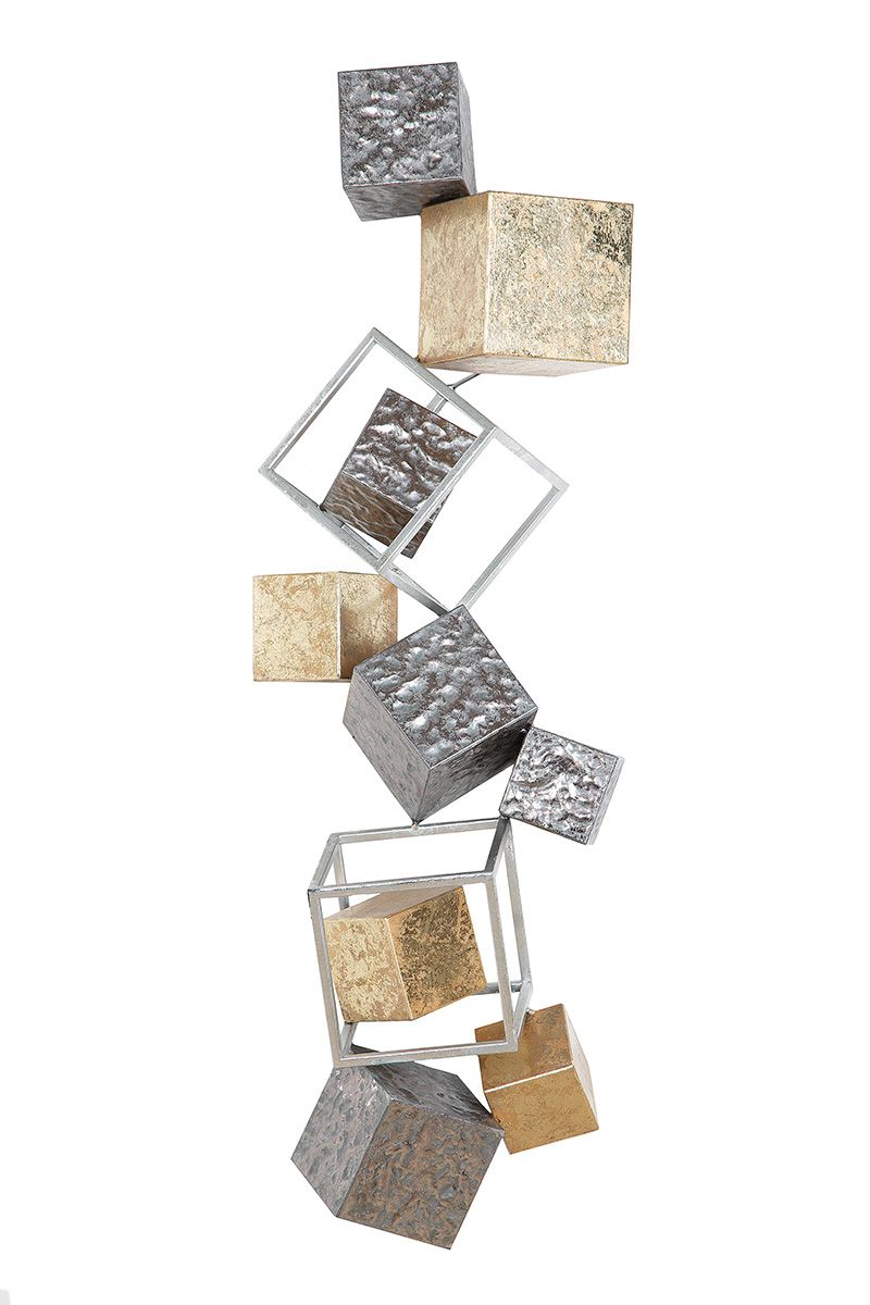 Metal wall relief Cubes - handmade wall object in anthracite, gold and silver