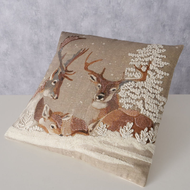 Handwoven sofa cushion Feliz with deer motif - wintery country house design