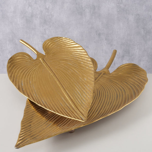 Handmade bowl set Plato in leaf shape, antique gold metallic, 2-piece 73cm