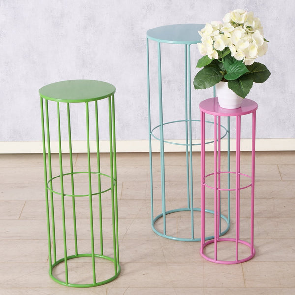 Set of 3 decorative tables Eton metal frame in blue, green, pink