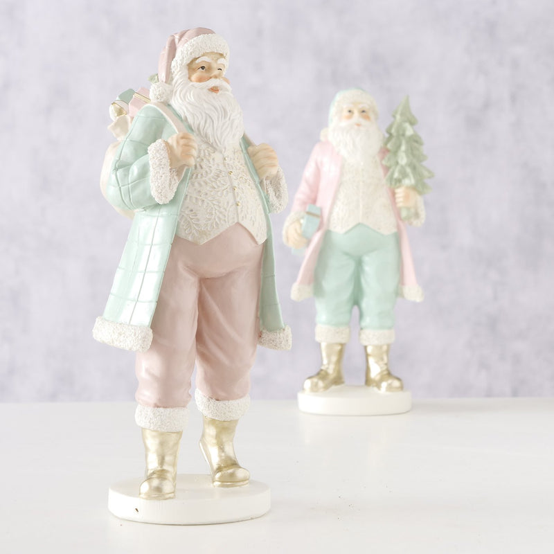 Feestelijke set van 2 Kerstmanfiguren met kerstboom en cadeaurugzak kleurrijk hoogte 33cm Kerst